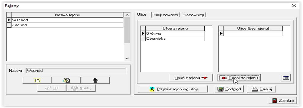 odbywa się poprzez podświetlenie interesującej nas pozycji, a następnie wybranie ikony DODAJ DO REJONU. Spowoduje to pojawienie się np.