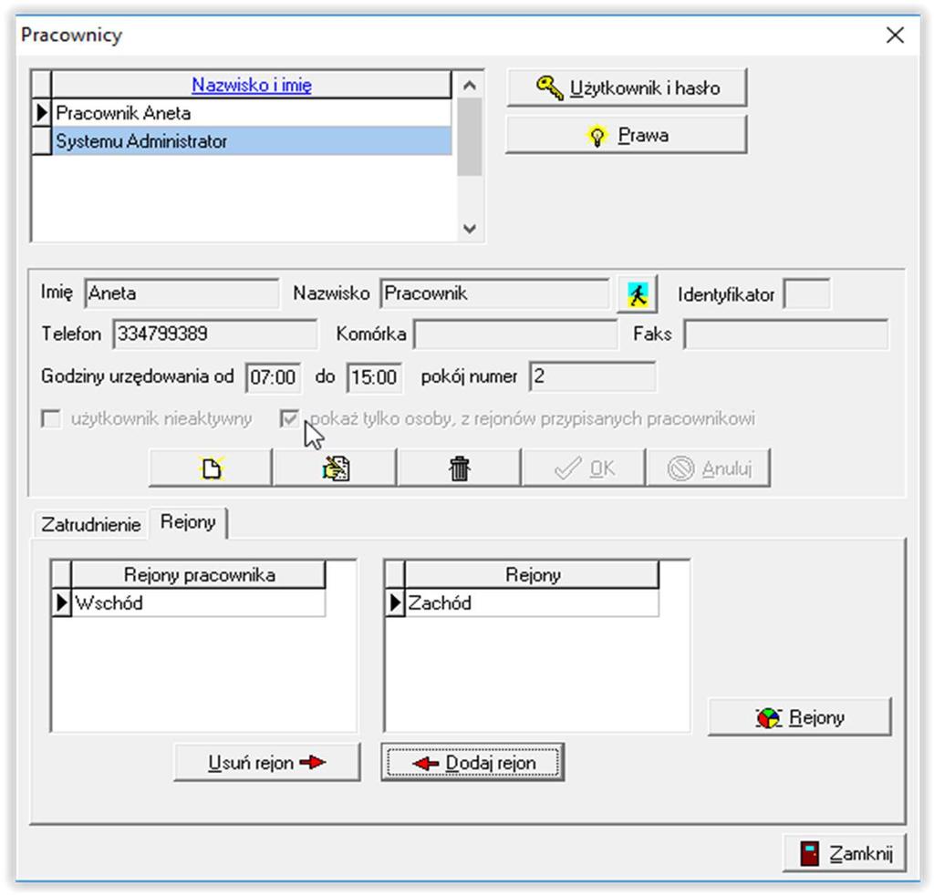 Przypisanie rejonu do pracownika pozwoli w przyszłości, dzięki funkcji logowania się użytkowników poprzez określony login i hasło, na ograniczenie dostępu tylko i