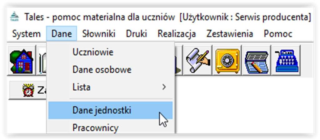 5. DANE INSTYTUCJI Kolejnym krokiem, po ustaleniu parametrów programu, będzie wprowadzenie danych instytucji.