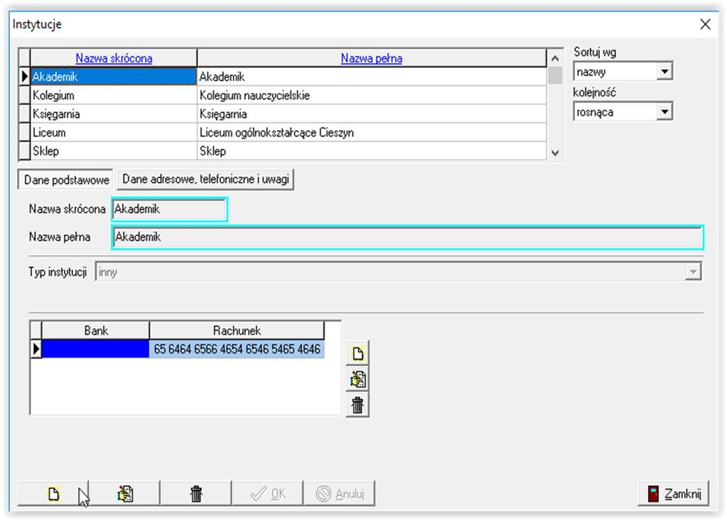 W celu wprowadzenia nowej instytucji, wybieramy zakładkę Dane, a następnie Instytucje: Po wybraniu tej opcji, na ekranie