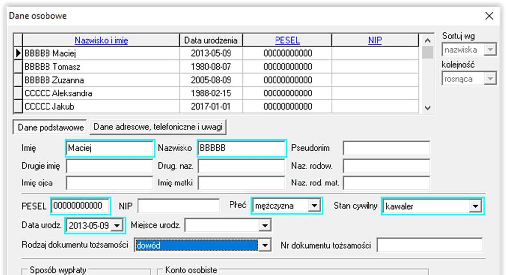 UWAGA! Pola oznaczone na kolor niebieski to pola obowiązkowe, które należy uzupełnić, aby program mógł zapisać dane osoby do bazy.