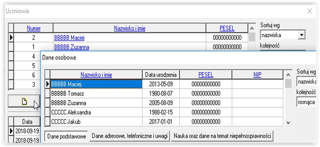 OSOBOWE, z którego wybieramy UCZNIA (jeżeli jego dane zostały wcześniej założone) lub