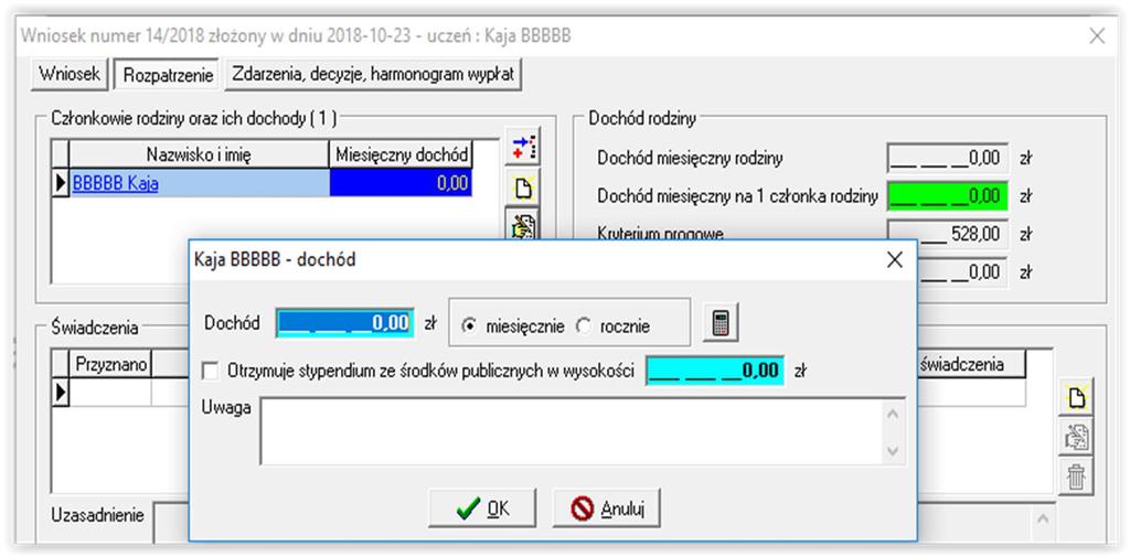 Pierwszym krokiem będzie wprowadzenie członków rodziny oraz ich dochodów, w celu ustalenia czy rodzina ucznia spełnia podstawowy wymóg ustawowy nie