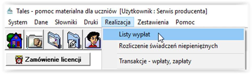 11. LISTY WYPŁAT W celu przygotowania listy wypłat, wybieramy z menu głównego pozycję REALIZACJA LISTY WYPŁAT.