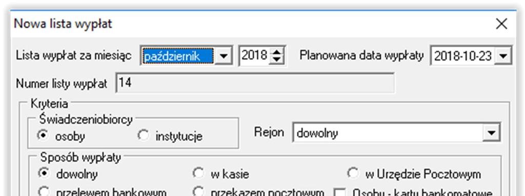 Okno nowa lista wypłat pozwala użytkownikowi na stworzenie listy wypłat z podziałem na: - sposób wypłaty -