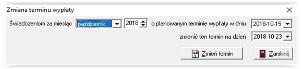 okno: W tym miejscu wybieramy miesiąc, dla którego zmieniamy planowany termin wypłaty, a następnie ustalamy nowy termin i wybieramy ikonę ZMIEŃ TERMIN.