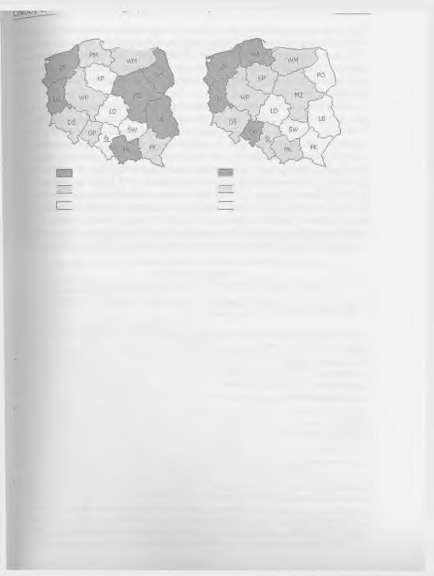 Miasta Wieś d o 41,4 d o 53,0 I 4 1,5-4 4,7 53,1-6 3,5 p o w y ż e j 44,7 p o w y ż e j 63,5 Źródio: Obliczenia własne na podstawie danych NSP 2002. Rys. 2.6. Gospodarstwa jednoosobowe osób w wieku 60 lat i więcej w procentach ogótu jednoosobowych gospodarstw danego województwa w 2002 r.