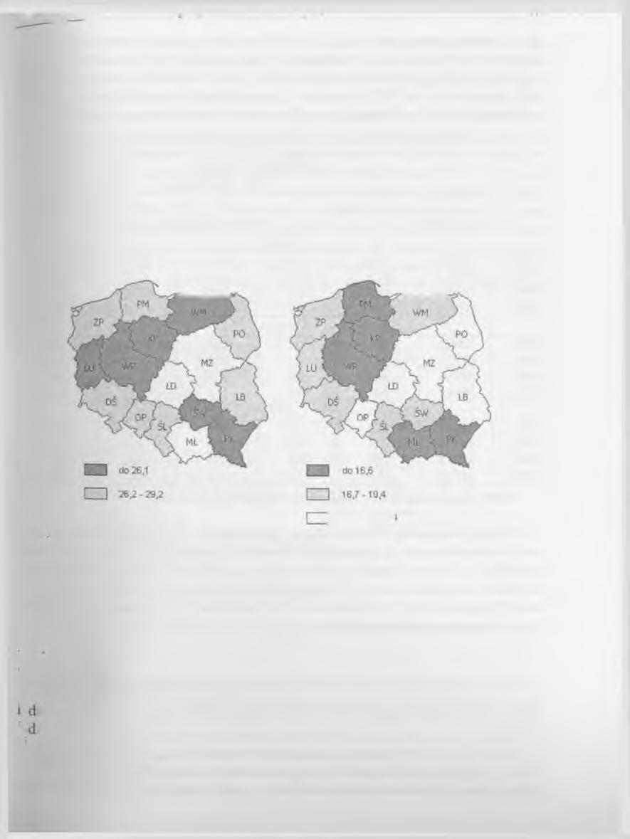 (jsouyj^ s p o d a r s t w w ahał się w granicach od około 23% w p o d karpackim do ponad 32% w wojew ództw ie m azow ieckim.