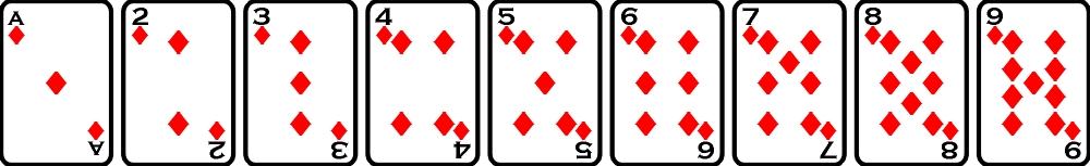 Gra 5. Chodniczek Materiały: karty od l (as) do 6 w czterech kolorach, plansza dla każdego dziecka Dla dobrze liczących możemy poszerzyć zakres liczb do 9.