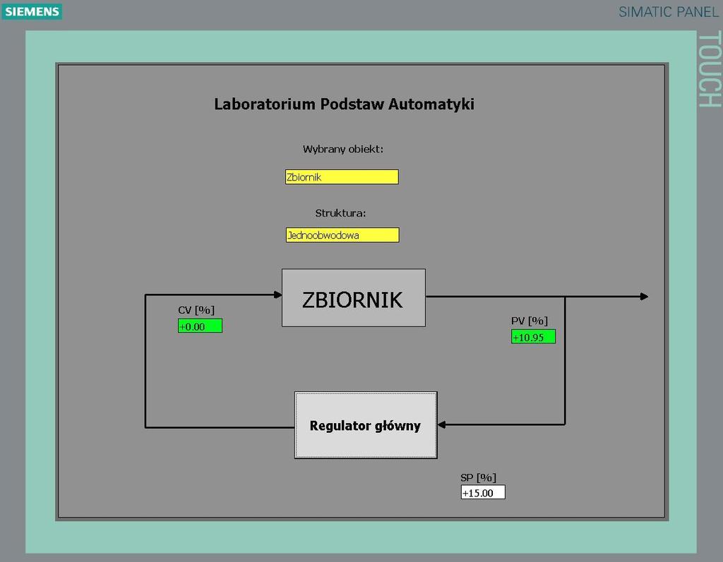 Wizualizację przebiegów zmian wielkości wejściowych i wyjściowych zrealizowano na komputerze stacjonarnym wykorzystując oprogramowanie TIA PORTAL. Wygląd ekranu startowego przedstawia rys. 12. Rys.