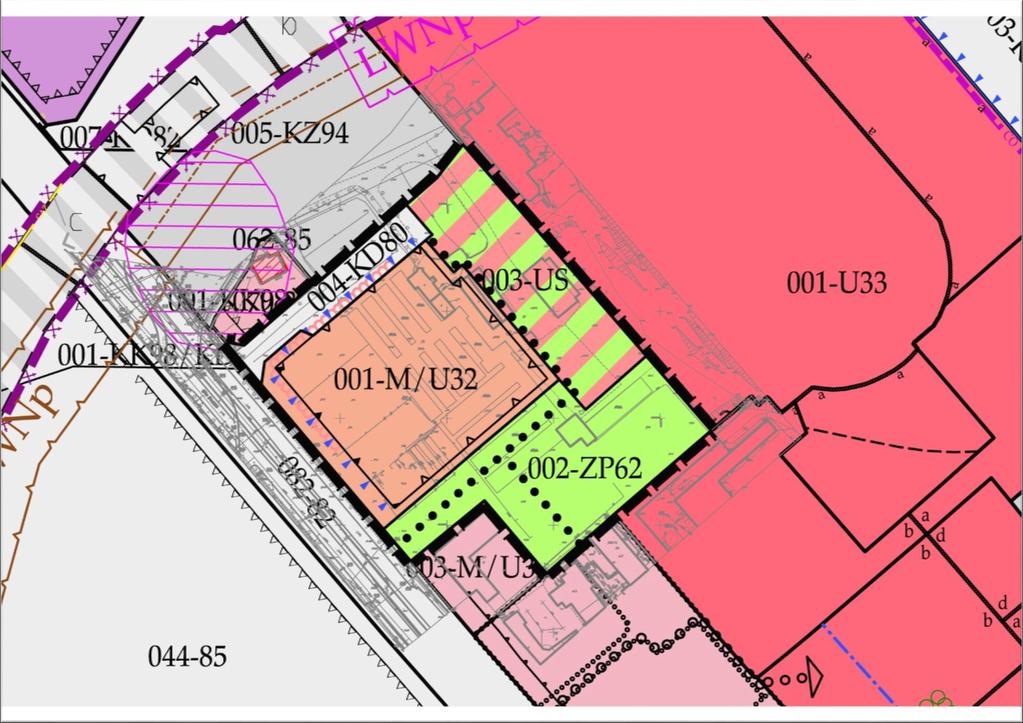 projekt planu 001-M/U32 teren zabudowy mieszkaniowousługowej, - 10138 m 2 002-ZP62 - zieleń urządzona - 6776 m 2 003-US - sport i rekreacja - 4944