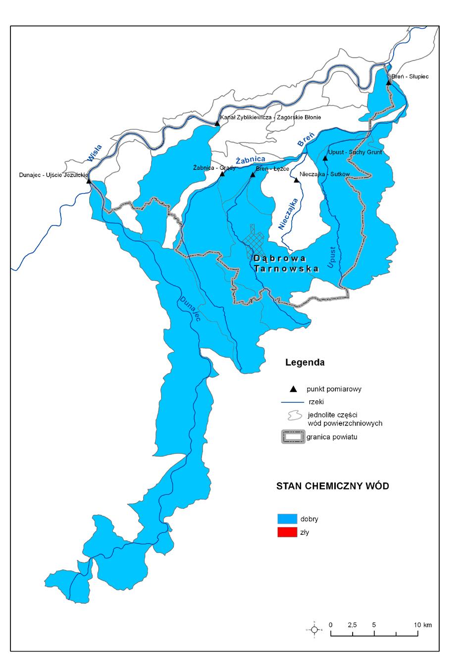 Mapa. Ocena stanu chemicznego wód w jednolitych częściach