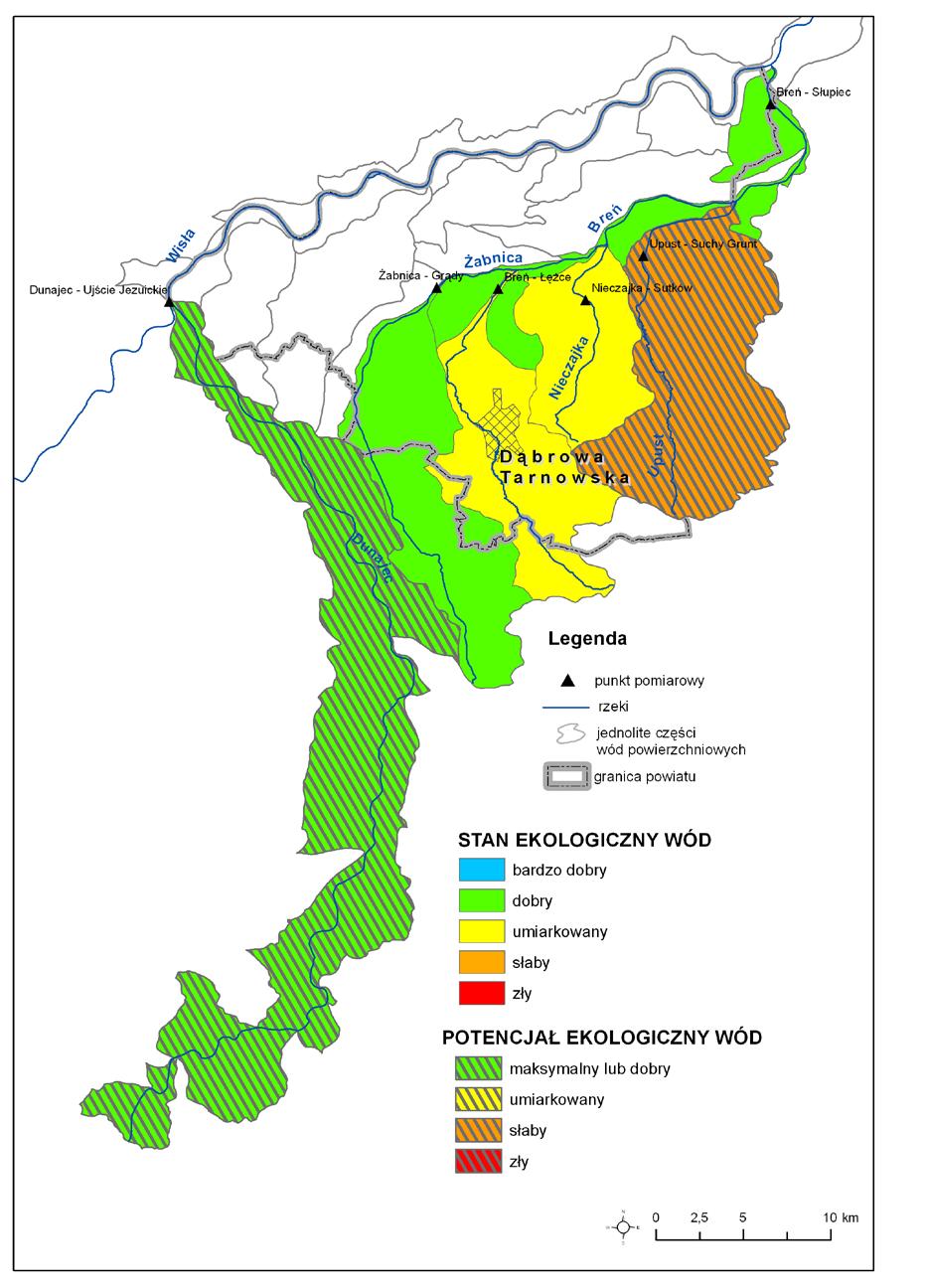 Mapa. Ocena stanu/potencjału ekologicznego wód w jednolitych
