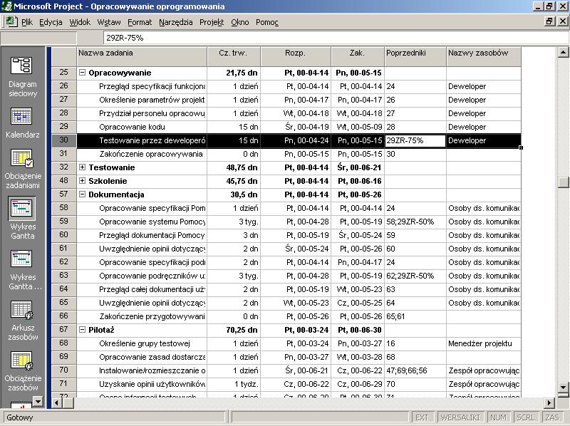 Tabela projektu -