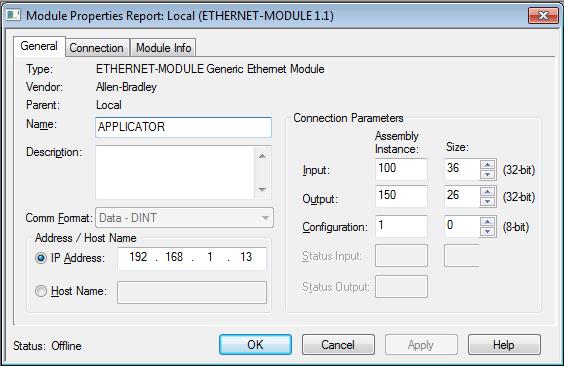 Wybrać: ETHERNET-MODULE Generic Ethernet Module (MODUŁ ETHERNET: generyczny moduł Ethernet).UWAGA: Nie zaznaczać pola wyboru Close on Create (Zamknij po utworzeniu). c.