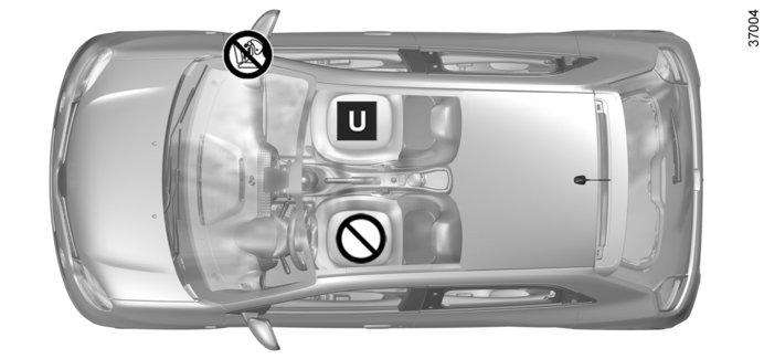 BEZPIECZEŃSTWO DZIECI: mocowanie za pomocą pasa bezpieczeństwa (1/2) Pojazd z dwoma miejscami ³ Sprawdzić stan przedniej poduszki powietrznej, zanim pasażer zajmie miejsce lub przed zamontowaniem