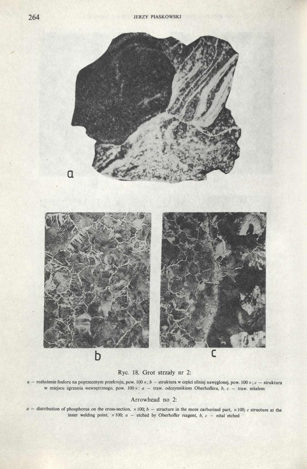 264 JERZY PIASKOWSKI Ryc. 18. Grot strzały nr 2: a rozłożenie fosforu na poprzecznym przekroju, pow. 100 x ; b struktura w części silniej nawęglonej, pow.