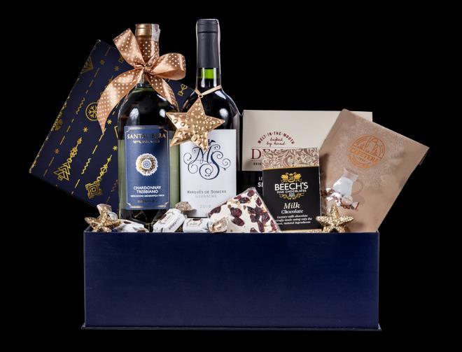 Kuferek Doppio Ręcznie kaszerowane pudełko ze złotymi tłoczeniami świątecznymi,: Hiszpańskie, czerwone wino wytrawne Marques de Somera,
