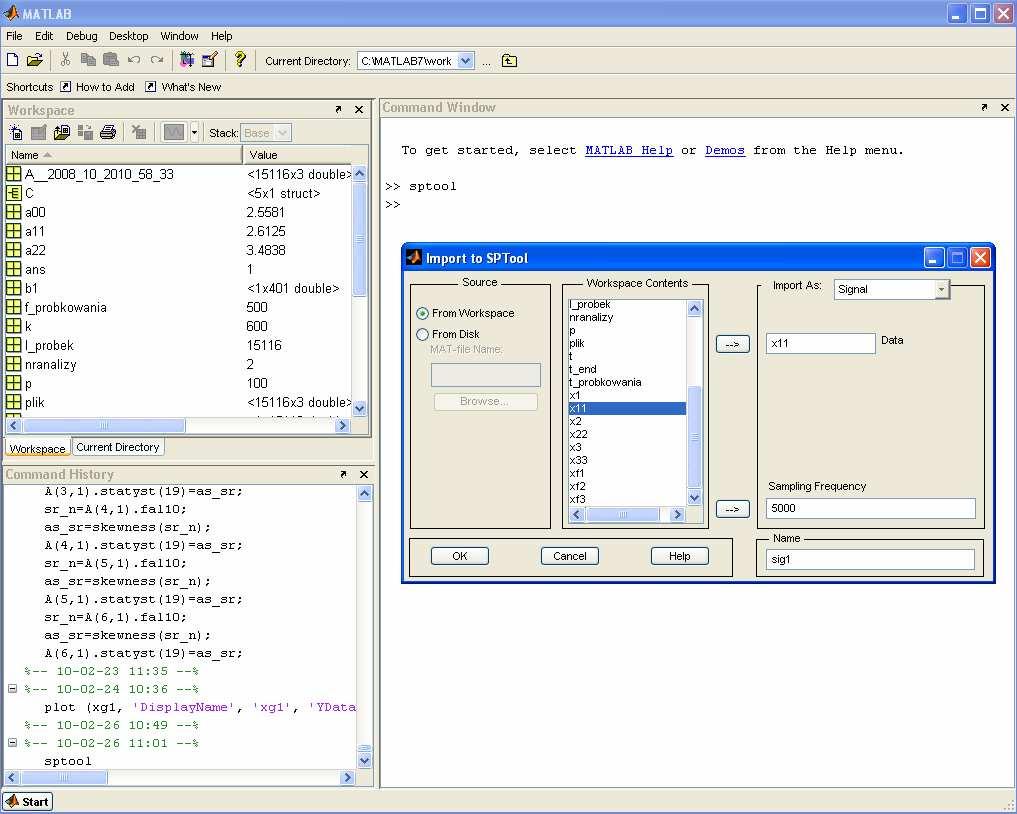 Za pomocą komendy File-Import w oknie SPtool wprowadzić sygnały.