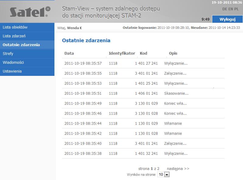 SATEL Instrukcja obsługi 9 5. Możliwość przeglądania ostatnich 20 zdarzeń odebranych przez stację monitorującą. 6. Podgląd stanu stref w przypisanych obiektach.