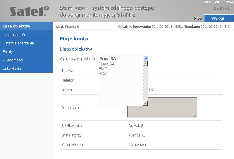 SATEL Instrukcja obsługi 7 2. Przeglądanie przypisanych obiektów i dotyczących ich danych. 3.