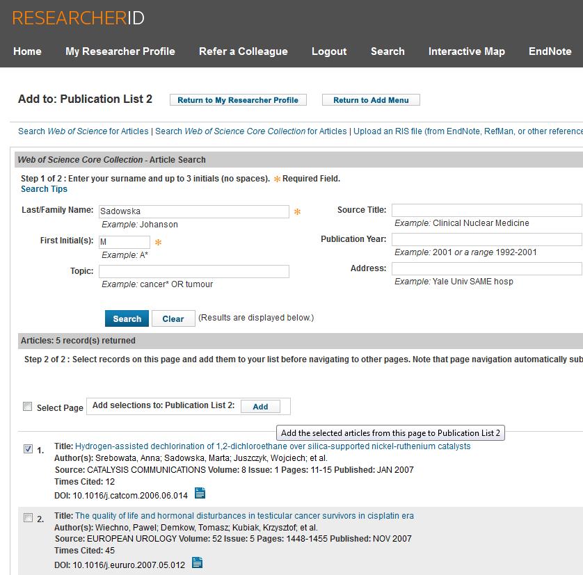 Dodawanie publikacji do profilu ResearcherID Na