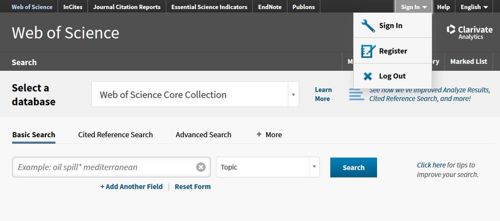 Rejestracja i logowanie w bazie Web of Science Otwórz bazę Web of Science, kliknij na Sign In, a następnie