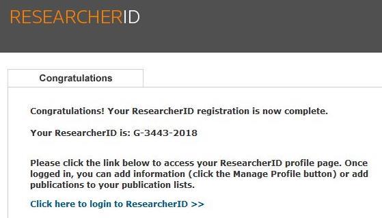 Rejestracja w ResearcherID Pojawi się komunikat z informacją o przydzielonym numerze