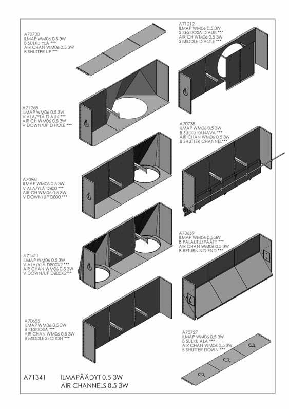Zakończenia kanału powietrza W 0, Przesłony szeregowe kanału A0 Zakończenia kanału powietrza A00 - przesłona górna B A6 - dolna część / górna część V Ø 000 mm A - środkowa cześć S Ø 000 mm A06 -
