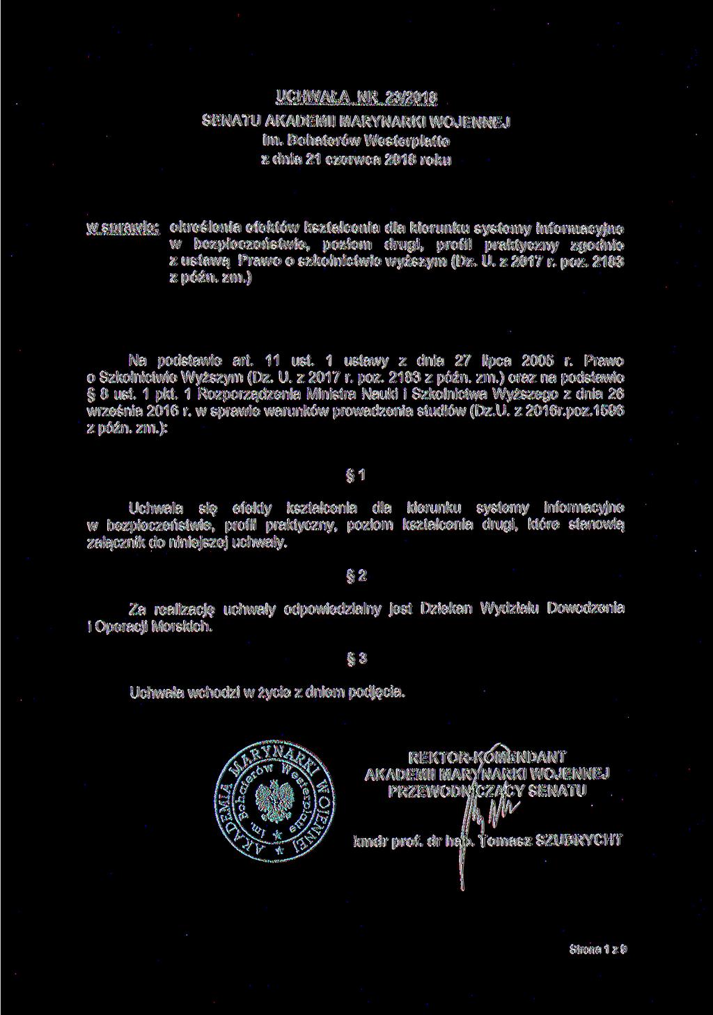 UCHWAŁA NR 23/2018 SENATU AKADEMII MARYNARKI WOJENNEJ im.