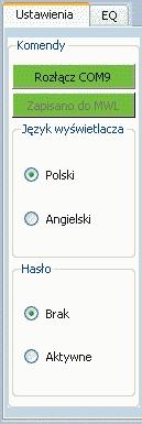 Pojawienie siê w polu "Komendy" komunikatu "Roz³¹cz" oznacza prawid³ow¹ komunikacja wzmacniacza z programem.