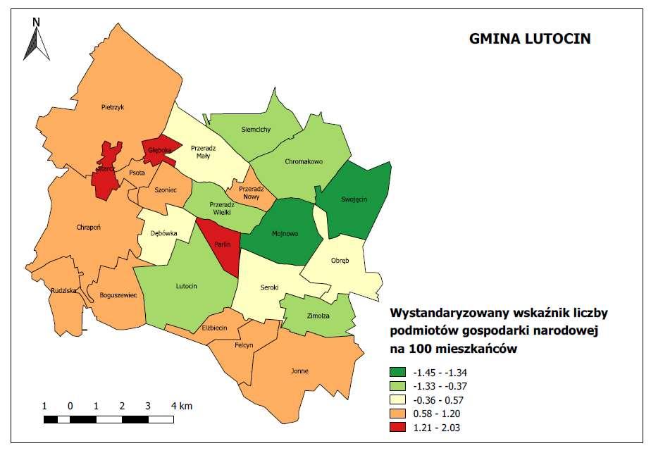 Mapa 2: Wystandaryzowany wskaźnik liczb podmiotów gospodarki narodowej na 100 mieszkańców Najwyższy wskaźnik liczb podmiotów gospodarki narodowej na