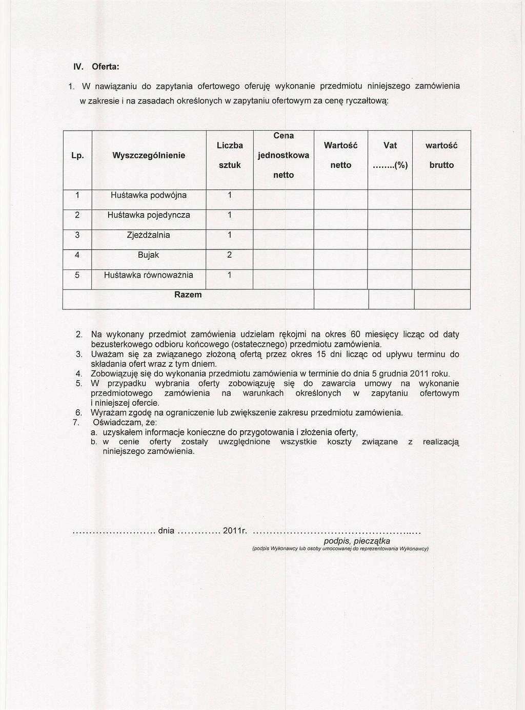 IV. Oferta: 1. W naiązaniu do zapytania ofertoego oferuję ykonanie przedmiotu niniejszego zamóienia zakresie i na zasadach określonych zapytaniu ofertoym za cenę ryczałtoą: Cena Liczba Lp.