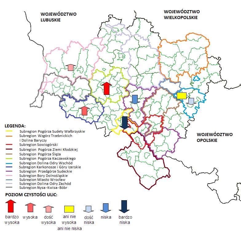 Rysunek 4. Wyniki badań ankietowych z 2011 r. wg kryterium: czystość ulic na Dolnym Śląsku. Źródło: Opracowanie własne na podstawie wyników badania.