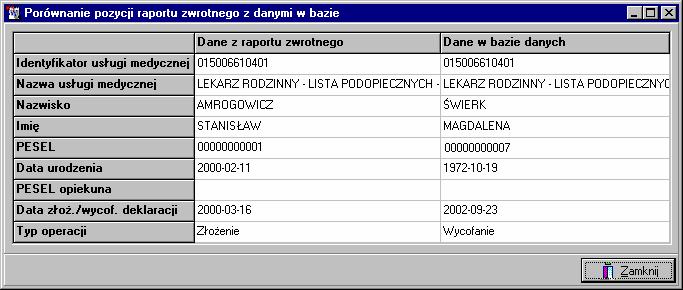 PORÓWNANIE DANYCH W oknie Raport zwrotny POZ - poprawianie użytkownik może porównać dane z raportu zwrotnego z danymi w bazie danych poprzez przycisk.