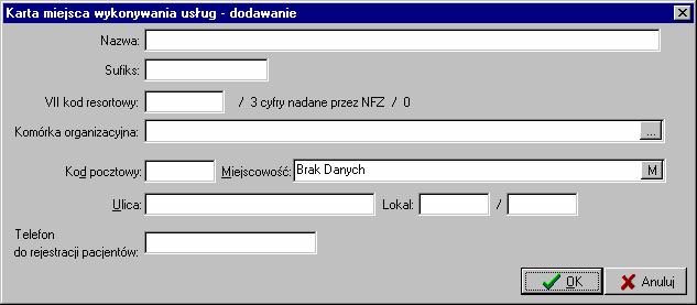 Rysunek 35 Karta miejsca wykonywania usług W Karcie miejsca wykonywania usług należy podać następujące informacje: nazwa, VII kod resortowy świadczeniodawcy, jeżeli kod ten nie został nadany zamiast