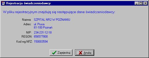 REJESTRACJA ŚWIADCZENIODAWCY Po przesłaniu podstawowych informacji do Oddziału NFZ świadczeniodawca otrzymuje plik rejestracyjny umożliwiający wymianę danych z Oddziałem.