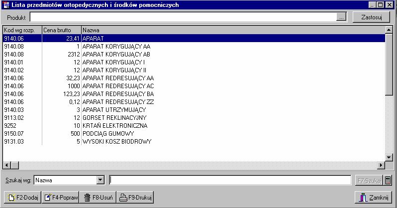WYKAZ PRZEDMIOTÓW ORTOPEDYCZNYCH I ŚRODKÓW POMOCNICZYCH Kolejną funkcją programu, ułatwiająca tworzenie ofert, jest lista przedmiotów ortopedycznych i środków pomocniczych, tworzona na podstawie