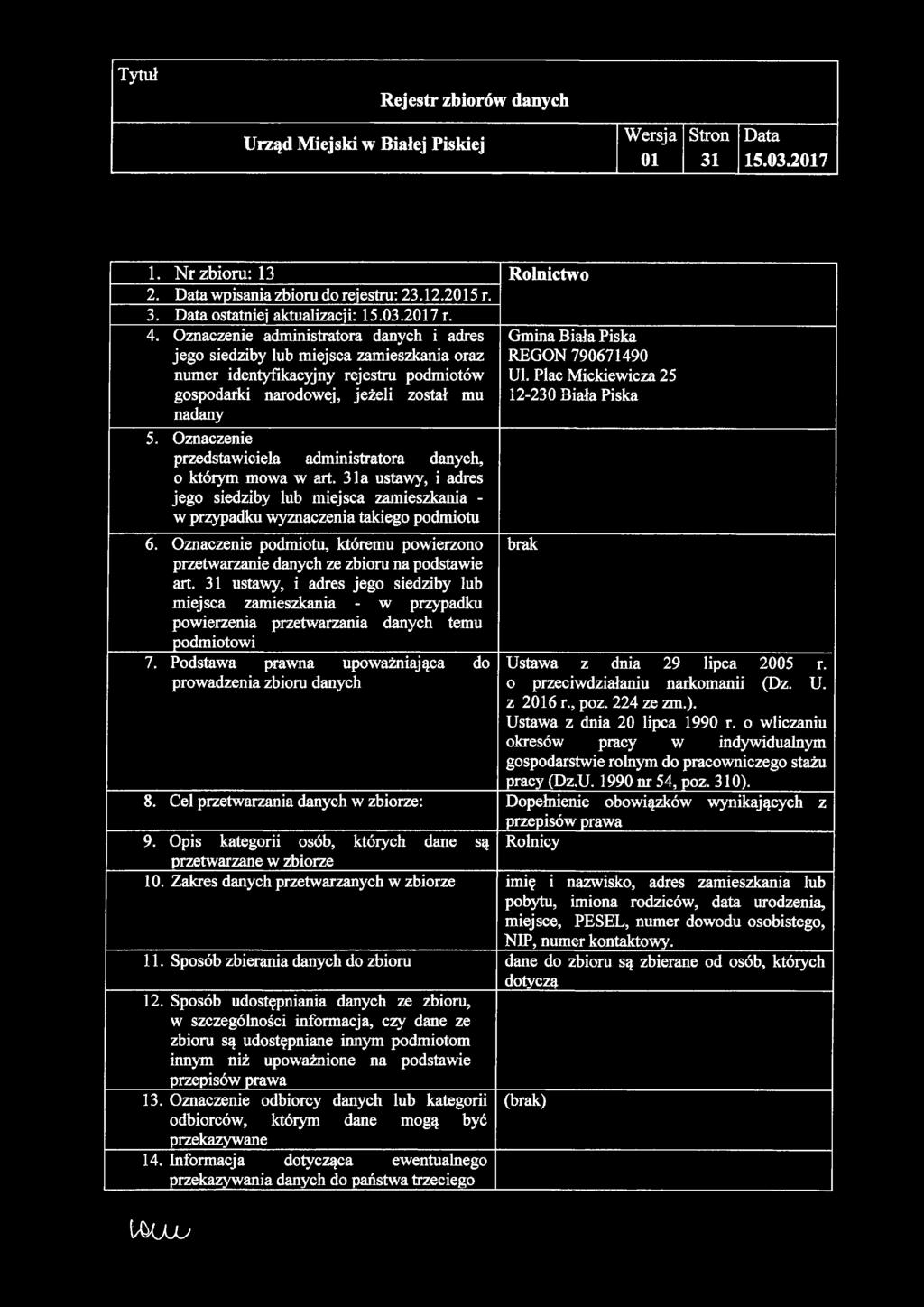 o wliczaniu okresów pracy w indywidualnym gospodarstwie rolnym do pracowniczego stażu pracy (Dz.U. 1990 nr 54, poz. 0). z 9. Opis kategorii osób, któiych dane są Rolnicy 10.