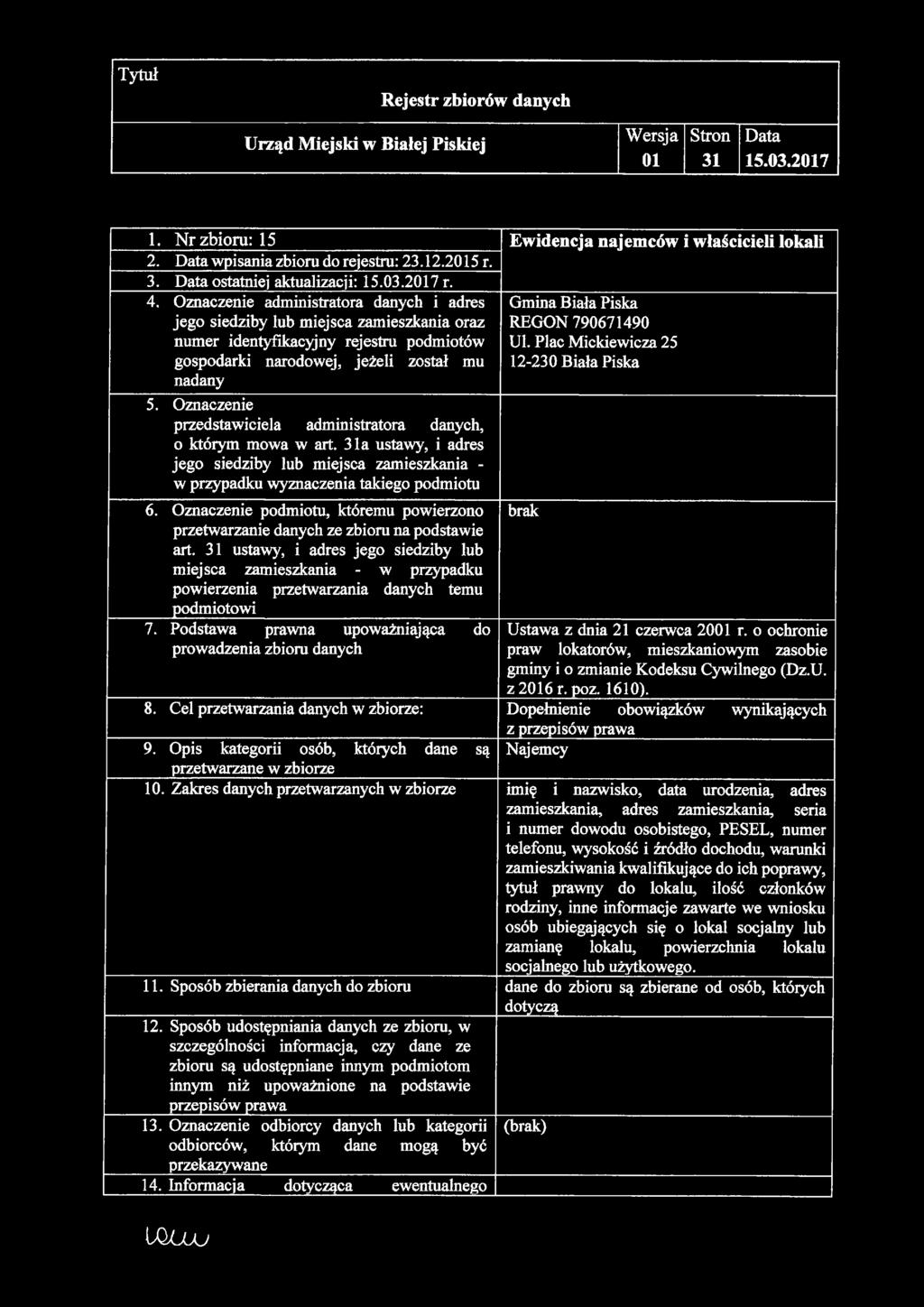 1. N r zbioru: 15 Ewidencja najemców i właścicieli lokali 2. wpisania zbioru do rejestru: 23.12.25 r. 3. ostatniej aktualizacji: r. art. ustawy, i adres jego siedziby lub 7.