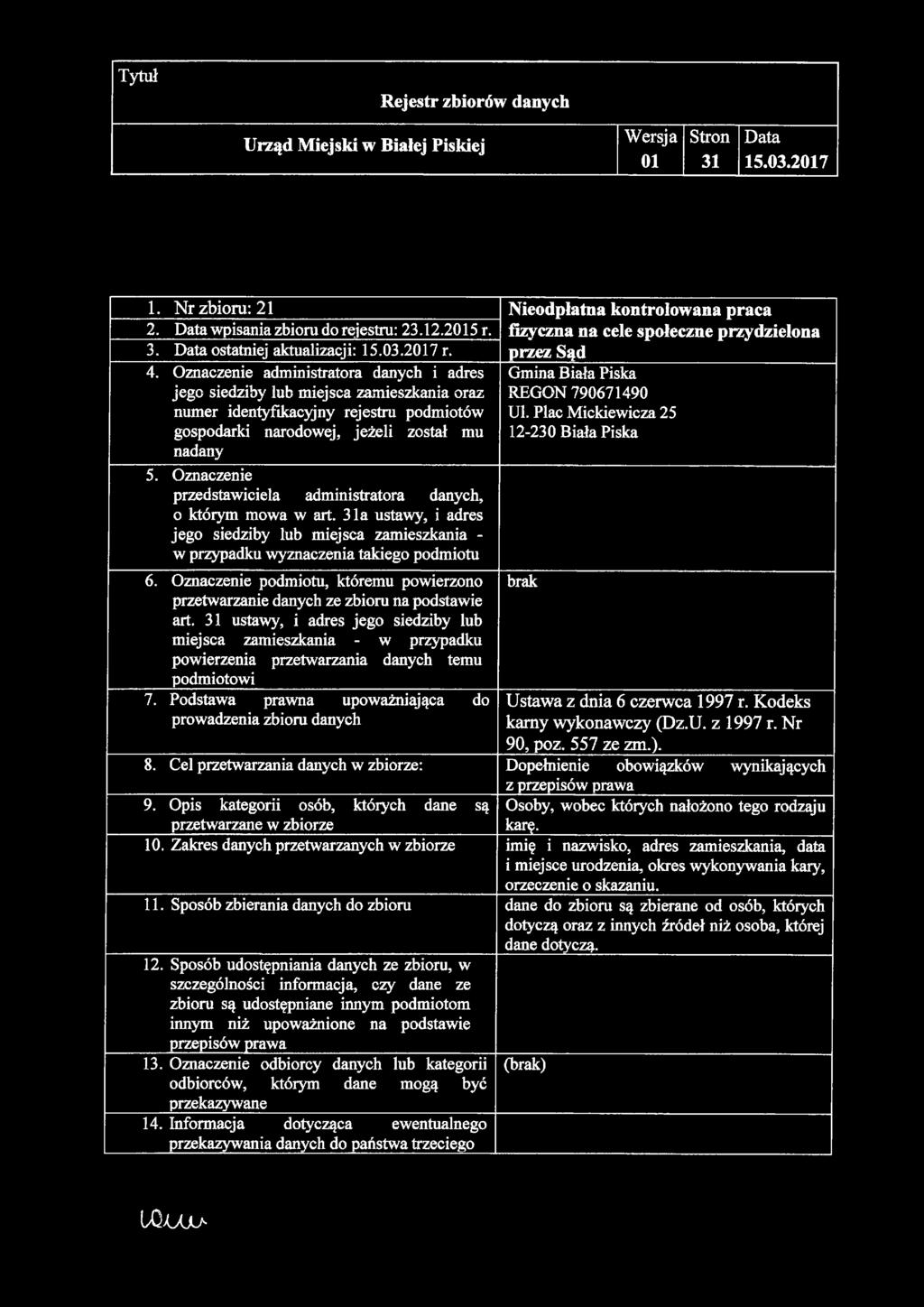 z Osoby, wobec których nałożono tego rodzaju karę. 9. Opis kategorii osób, których dane są 10.