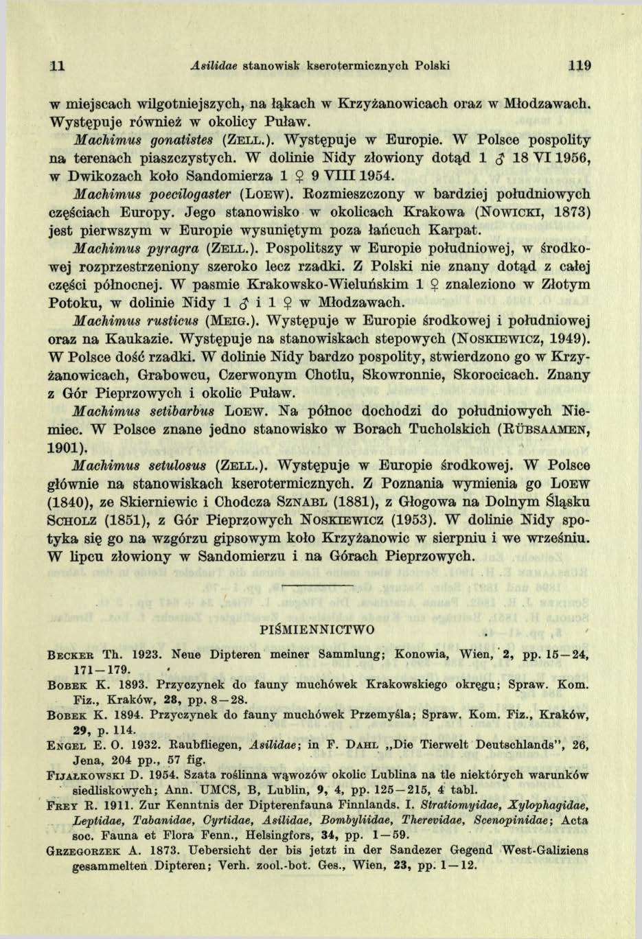 11 Asilidae stanow isk kseroterm icznyeh Polski 119 w miejscach wilgotniejszych, na łąkach w Krzyżanowicach oraz w Młodzawach. W ystępuje również w okolicy Puław. Machimus gonatistes (Ze l l.).