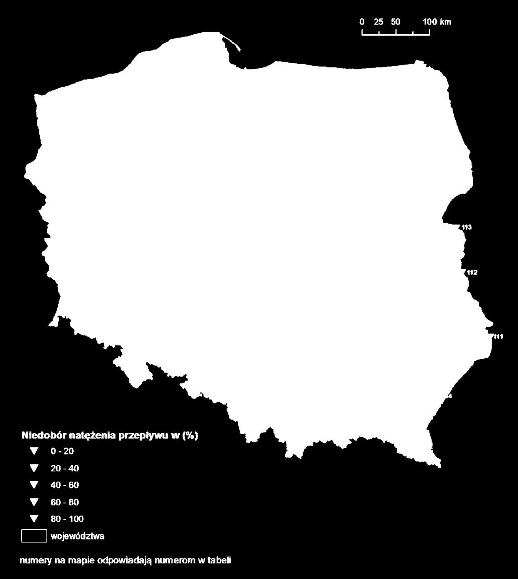 5. Procentowy niedobór przepływu w odniesieniu do SNQ na wybranych stacjach na głównych rzekach (w dniu 9 października 2018 r.