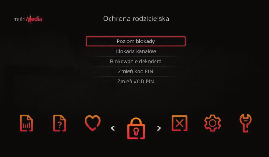 W sekcji Ochrona rodzicielska oprócz zmiany kodu PIN dostępne są również inne funkcje, m.in. Poziom blokady, Blokada kanałów, Blokowanie dekodera czy Zmień VOD PIN.