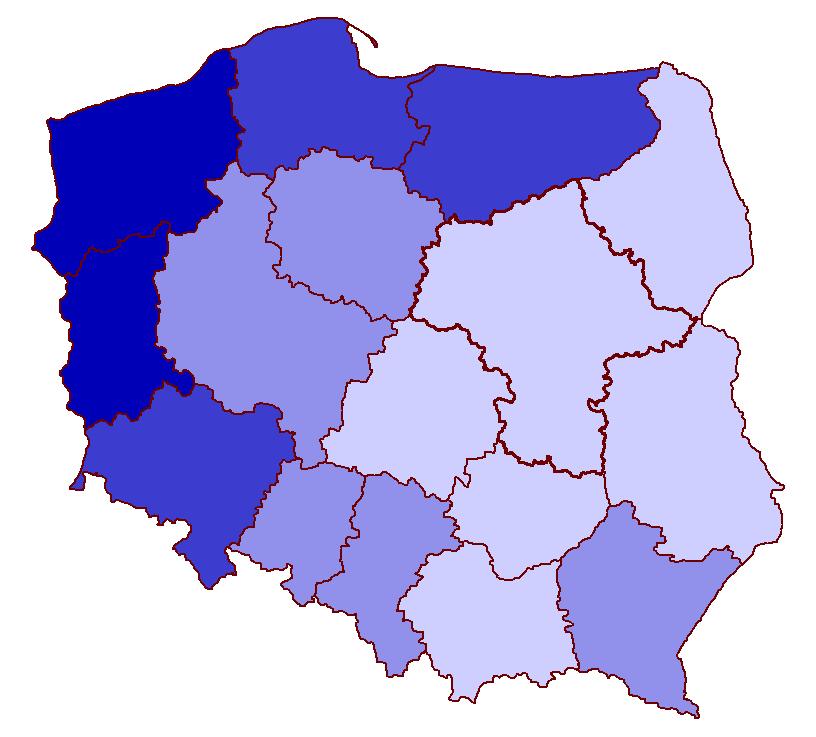 Udział gruntów należących do Skarbu Państwa w ogólnej powierzchni województw 50% do 63% (2) 40% do 50% (3) 30% do 40% (5) 17% do 30% (6) (w nawiasie podano liczbę