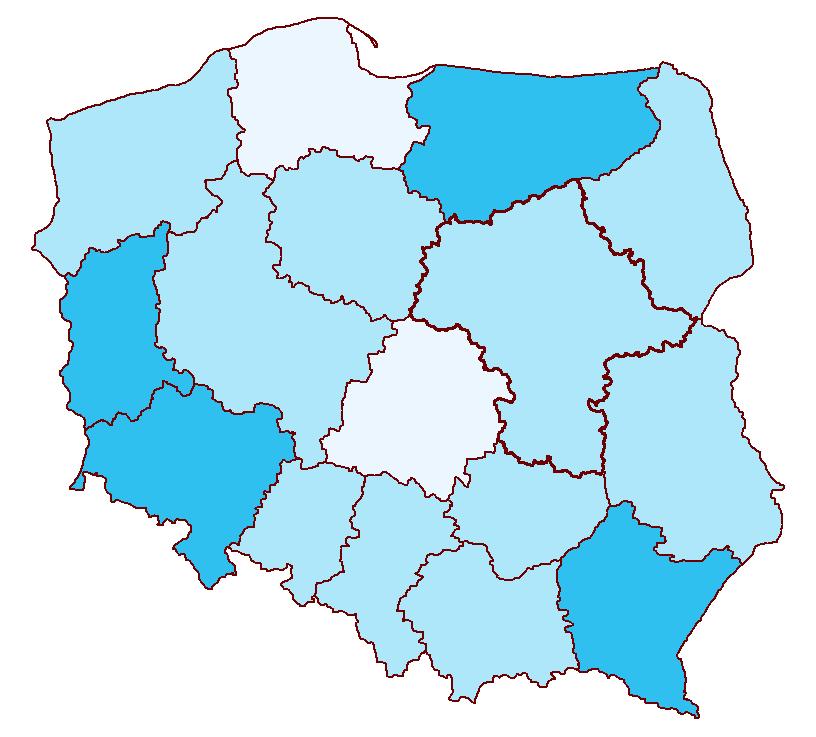 Udział gruntów należących do Samorządów Województw w ogólnej powierzchni województw 0,2% do 0,25% (4) 0,1% do 0,2% (10) 0,08% do 0,1% (2) (w nawiasie podano liczbę