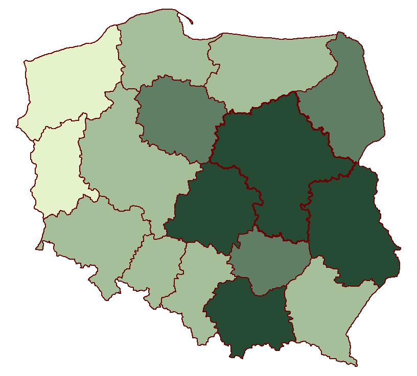 Udział gruntów należących do osób fizycznych w ogólnej powierzchni województw 70% do 77% (4) 60% do 70% (3) 40% do 60% (7) 29% do 40% (2) (w nawiasie podano liczbę