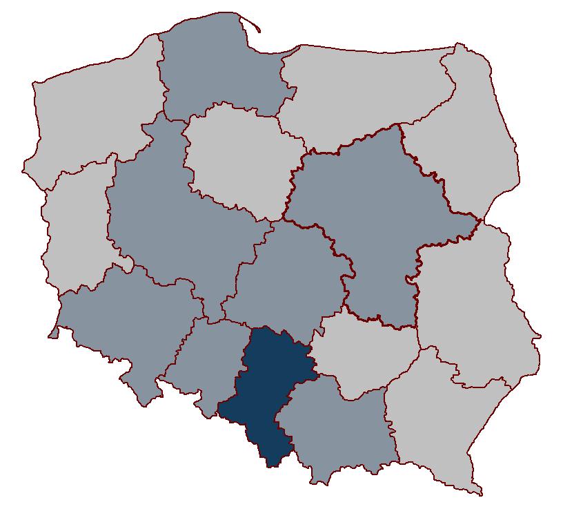 Udział gruntów zabudowanych i zurbanizowanych w ogólnej powierzchni województw 12,5% (1) 5,0% do 7,0% (7) 3,5% do 5,0% (8) (w nawiasie podano