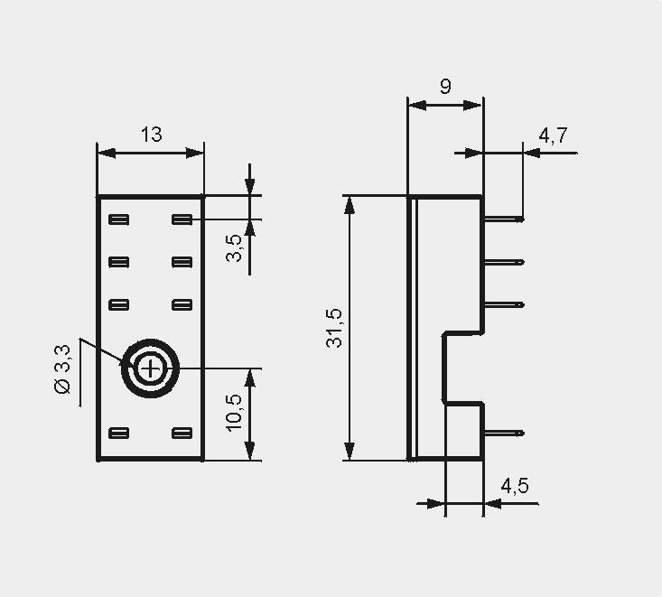 Gniazda i akcesoria GD50 Do RM84, RM85, RM85 inrush, RM87P, RM87P sensitive, RM83, RM94 Do obwodów drukowanych 31,5 x 13 x 9 mm 8 A, 300 V AC Rozstaw otworów w obwodzie drukowanym RM81-0001 MP25-2