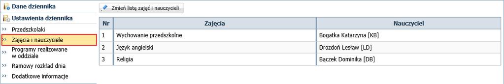 Lista zajęć zdefiniowana na stronie Zajęcia i nauczyciele niezbędna jest podczas dodawania wpisów na stronie Dzienny zapis